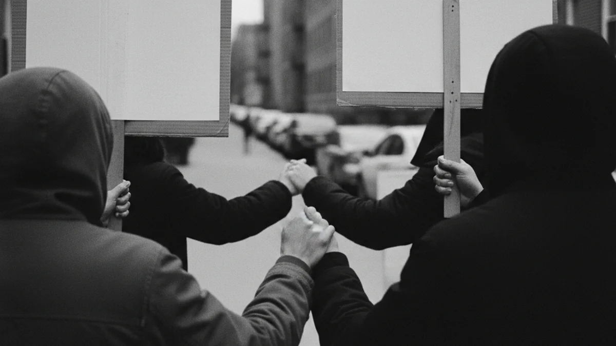 Imatge genèrica d'una protesta veïnal davant d'un portal, amb pancartes sobre habitatge i figures borroses.