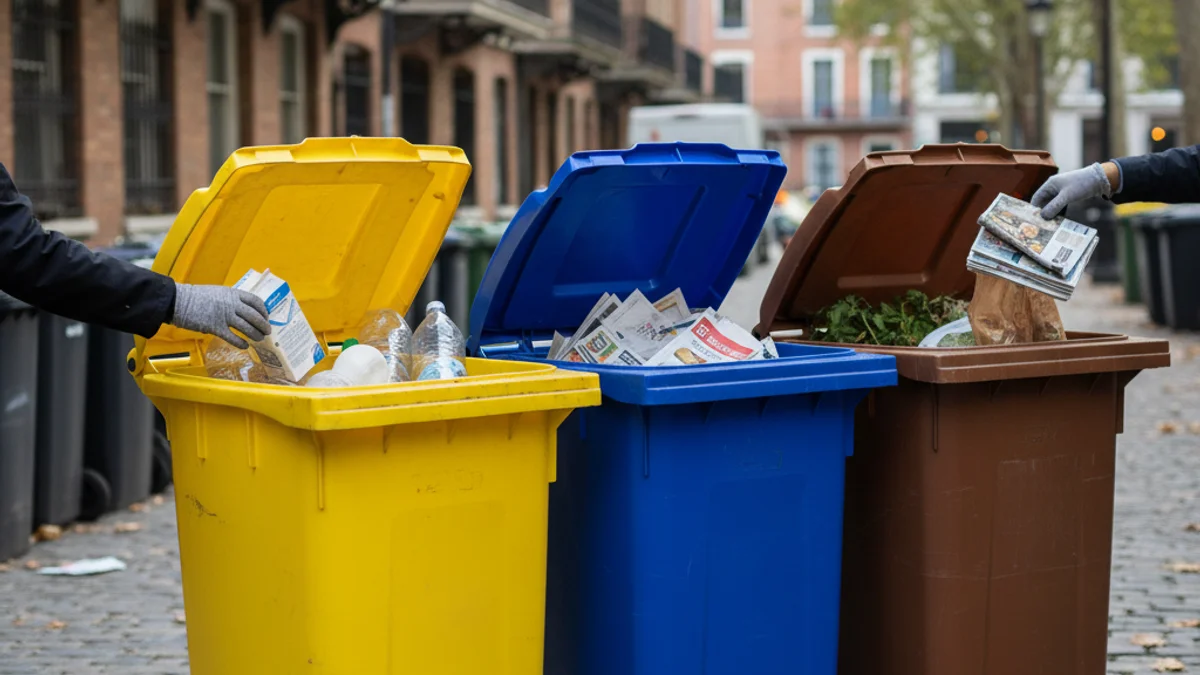 Contenidors de reciclatge de diferents colors en un entorn urbà, simbolitzant la gestió de residus.