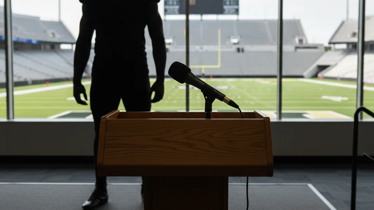 Imatge genèrica d'un jugador de futbol durant una presentació a la sala de premsa d'un estadi.