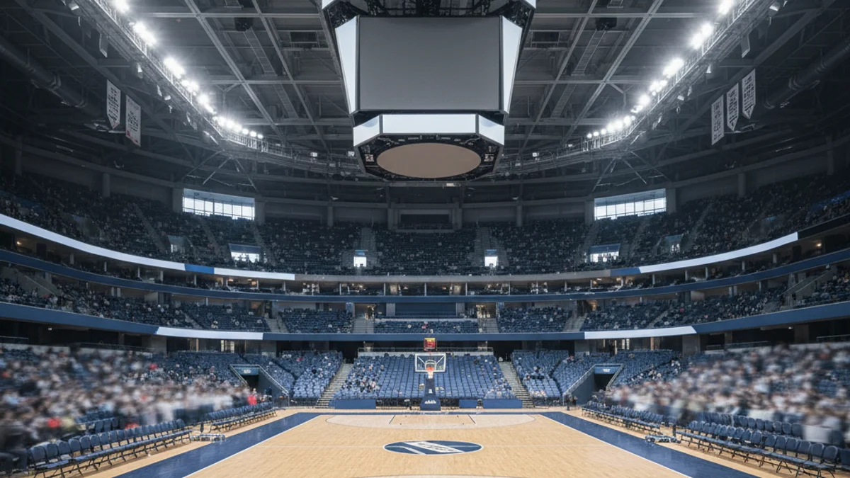 Vista genèrica de l'interior d'un pavelló de bàsquet modern, amb seients buits i la pista il·luminada.