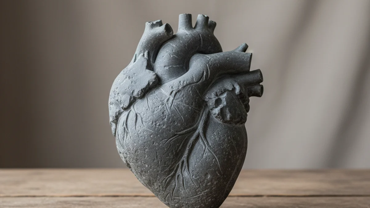 Representació abstracta d'un cor de pedra o un trofeu, simbolitzant la insensibilitat social.