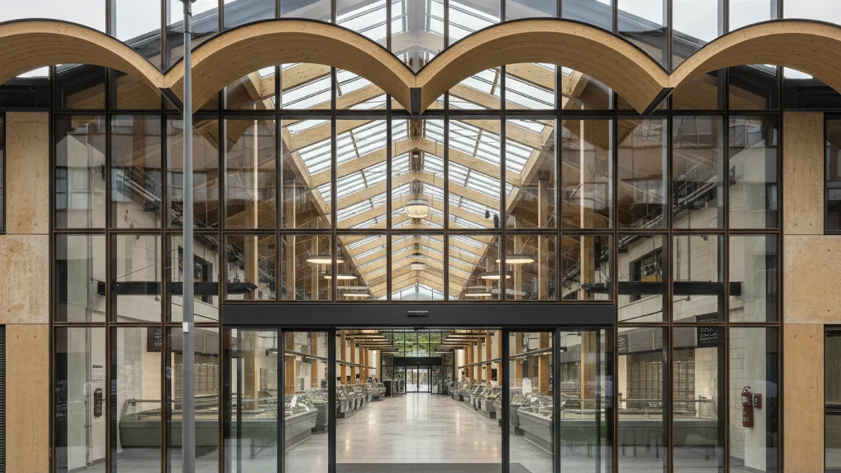 Vista genèrica de l'entrada d'un mercat municipal recentment remodelat o d'un supermercat modern.