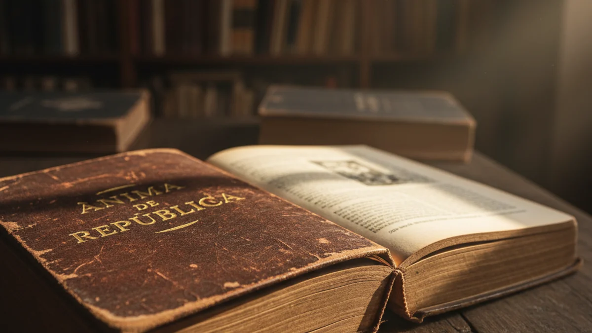 Descripció d'un llibre d'història amb una coberta abstracta sobre una taula de fusta en una biblioteca.