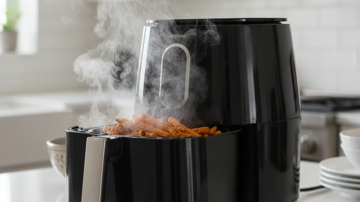 Consells de seguretat per a electrodomèstics de cuina moderns, com una fregidora d'aire, en un taulell de cuina.