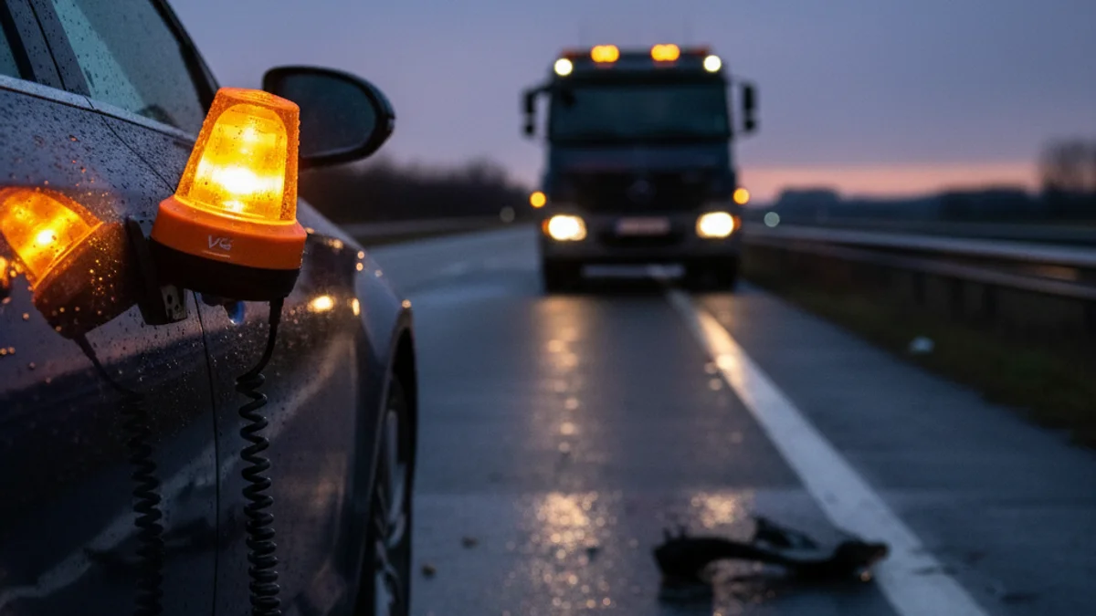 Imatge genèrica d'una balisa V-16 connectada parpellejant a la carretera, simbolitzant una emergència i el risc de frau.