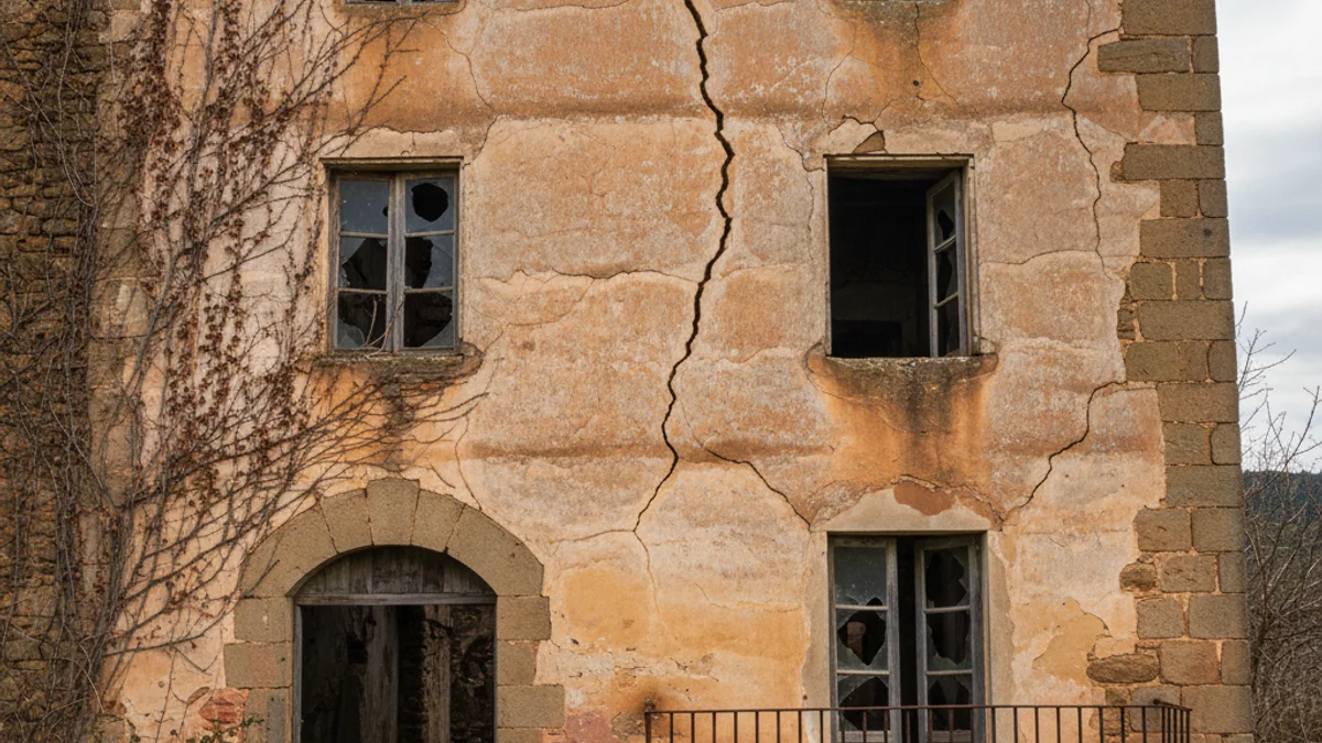 Façana d'una casa històrica en estat d'abandonament i deteriorament, amb signes de danys per la humitat.