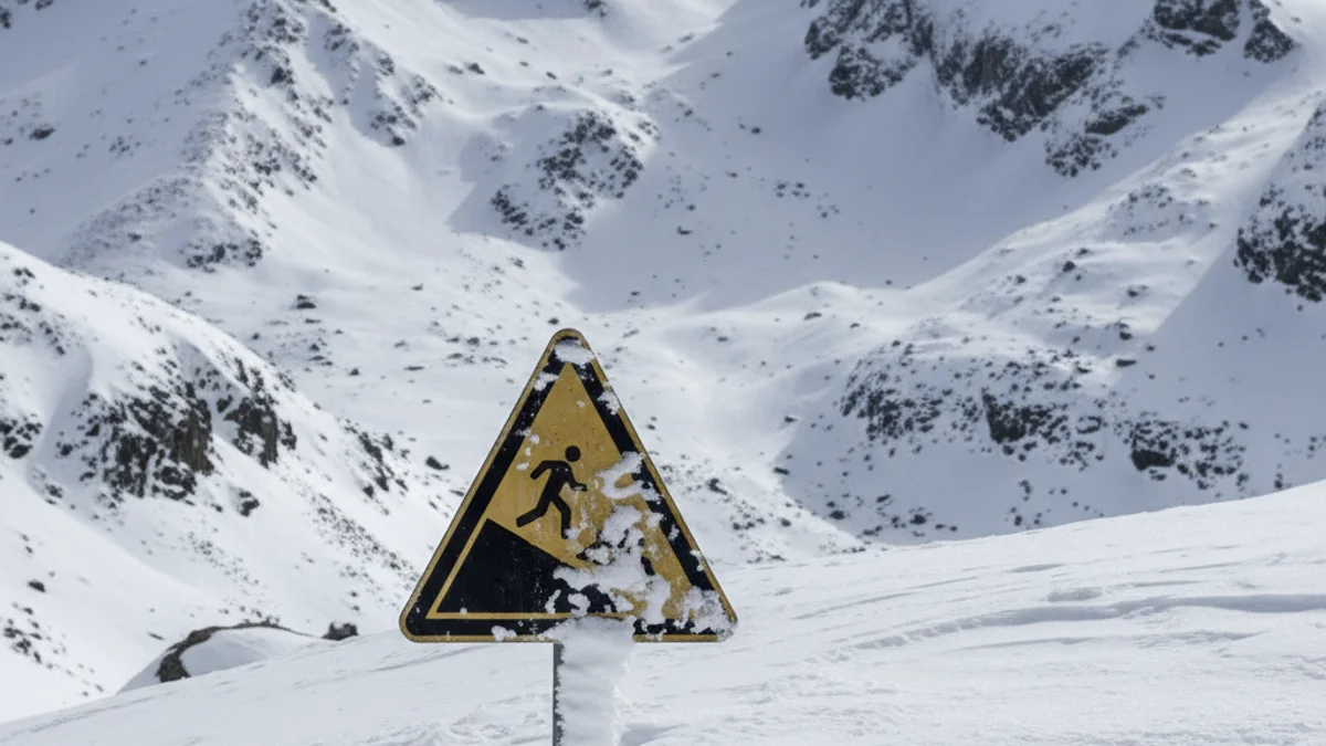 Senyal d'advertència de perill d'allaus en un paisatge nevat d'alta muntanya al Pirineu.