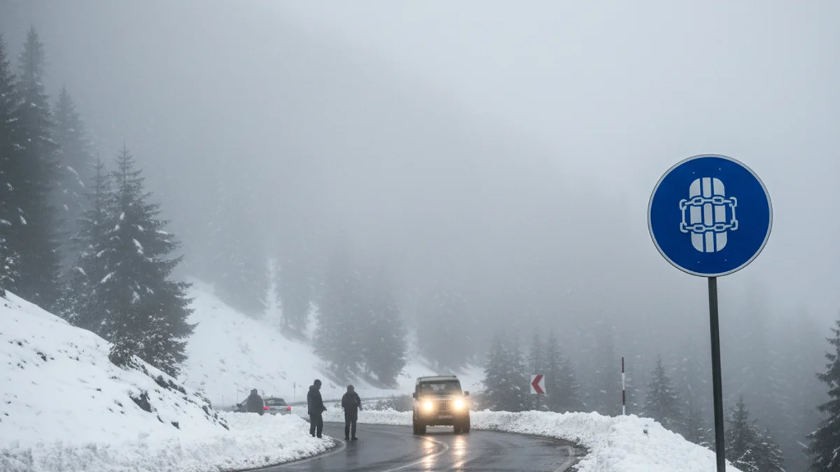 Senyal de trànsit amb cadenes obligatòries en una carretera de muntanya sota una nevada intensa.