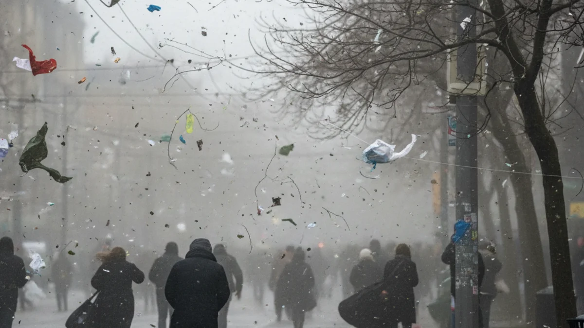 Senyal de trànsit caigut o un arbre balancejant-se fortament a causa del vent en una zona urbana.