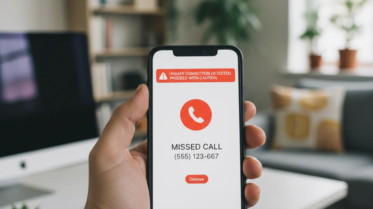Il·lustració d'una mà sostenint un telèfon mòbil amb una alerta o notificació de trucada sospitosa a la pantalla.