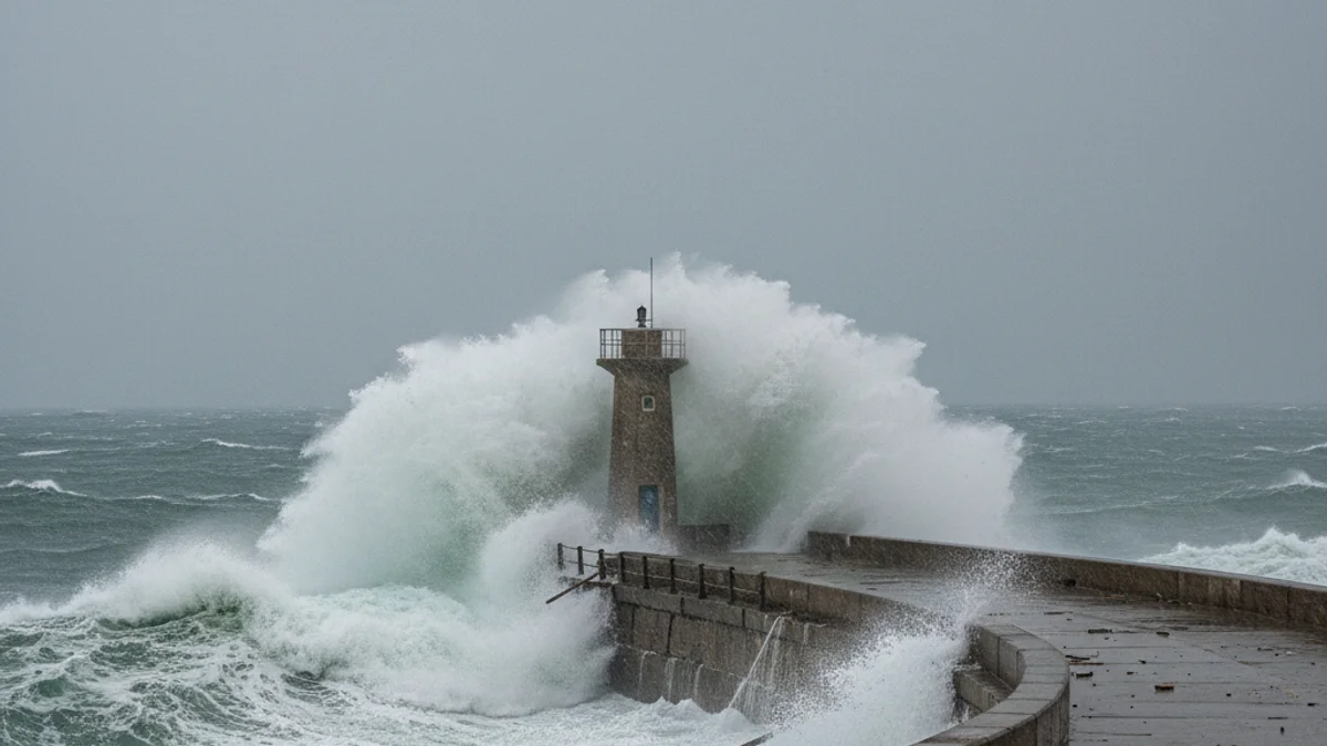 Imatge genèrica d'onades trencant contra una escullera o passeig marítim durant un temporal de llevant.