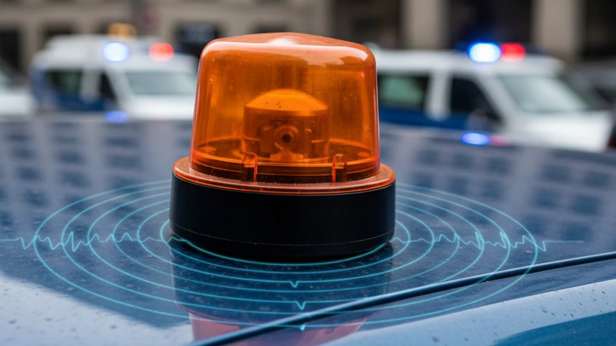 Il·lustració d'una balisa V16 col·locada sobre el sostre d'un vehicle, amb un símbol d'alerta mèdica.