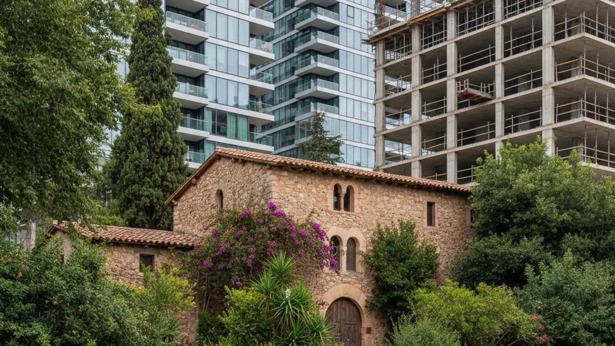 Vista genèrica d'una masia antiga envoltada de vegetació, simbolitzant un espai en disputa urbanística.
