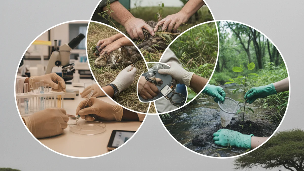 Il·lustració conceptual de la interconnexió entre la salut humana, animal i ambiental, simbolitzant l'enfocament One Health.