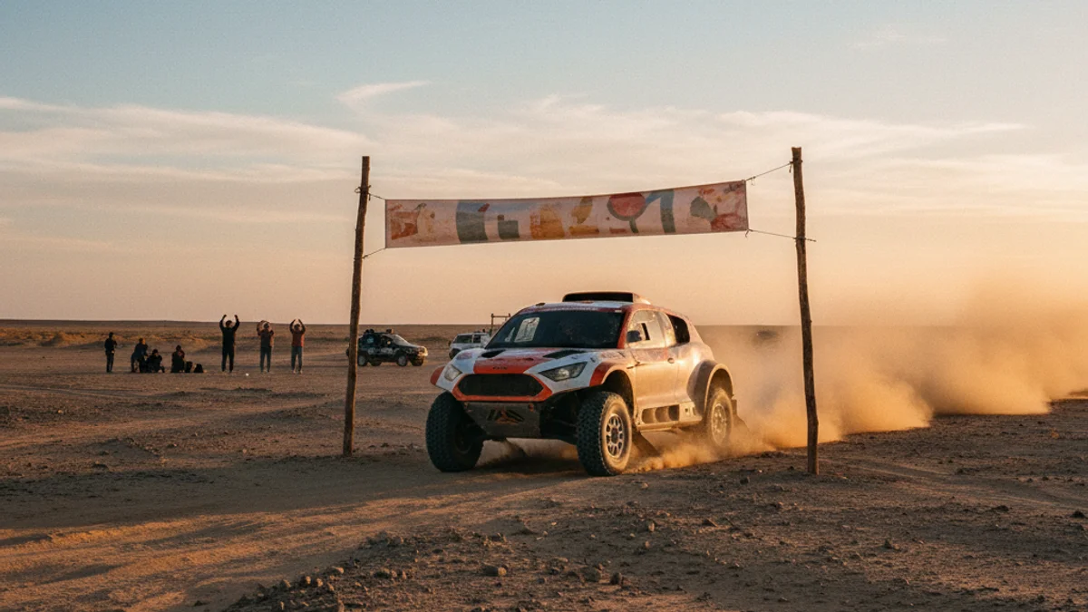Imatge genèrica d'un vehicle de ral·li creuant la línia de meta en un entorn desèrtic amb pols.