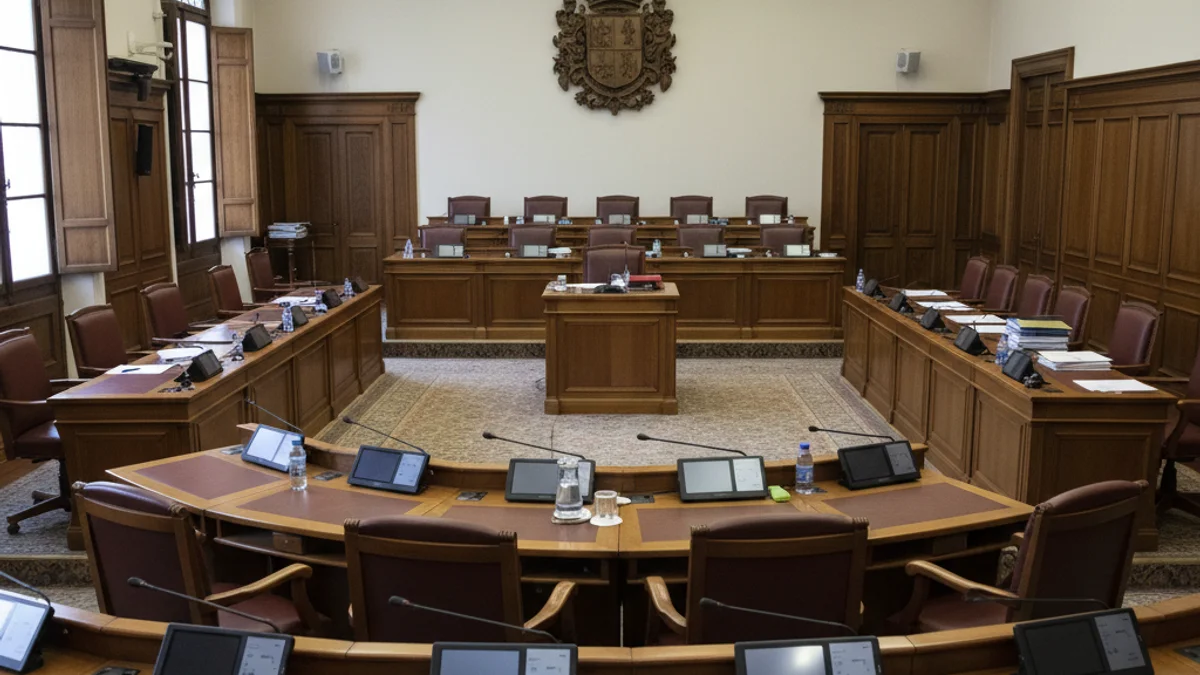 Representació genèrica d'un ple municipal amb cadires buides o figures borroses de regidors assistents.