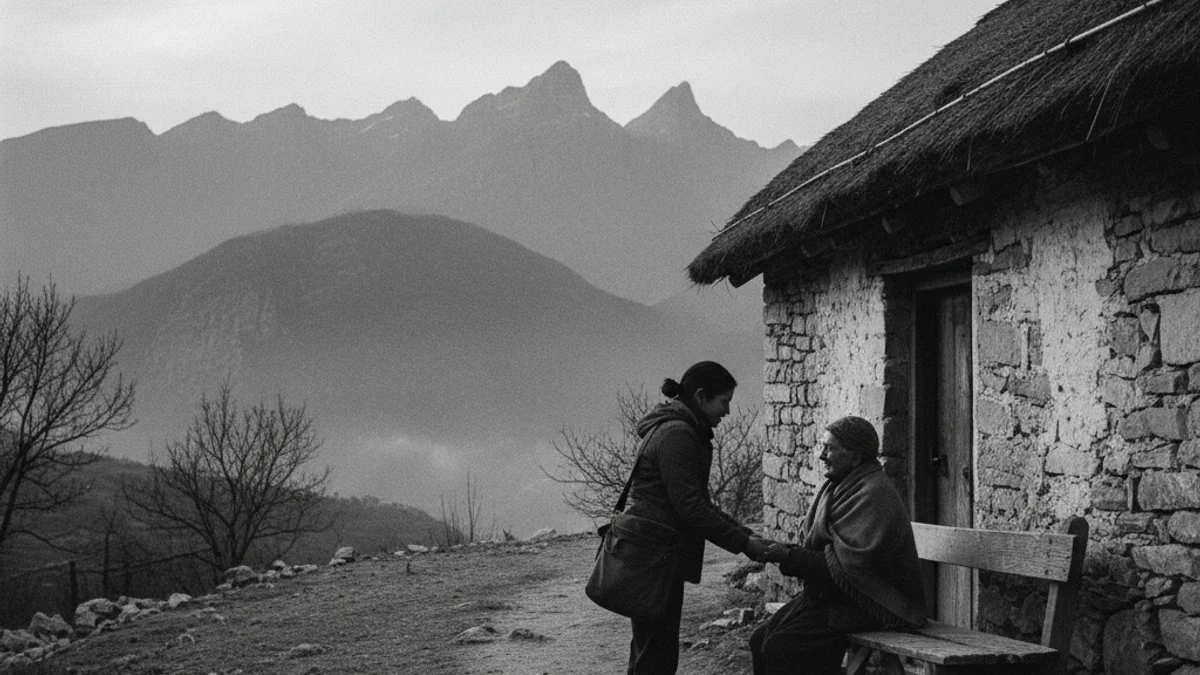 Il·lustració d'una persona rebent suport social en un entorn rural o de muntanya.