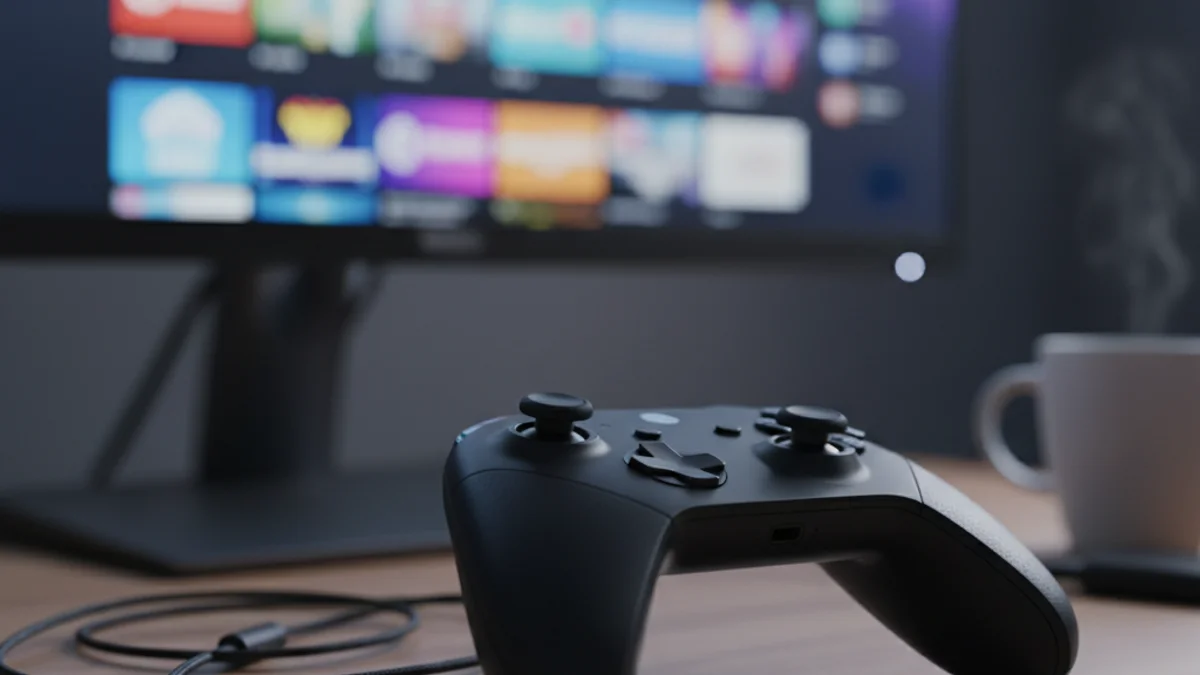 Imatge genèrica d'un comandament de videojocs davant d'una pantalla que mostra una interfície de jocs al núvol.