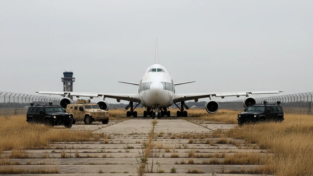 Imatge genèrica d'un avió comercial apartat en una pista d'aeroport amb vehicles de seguretat a prop.