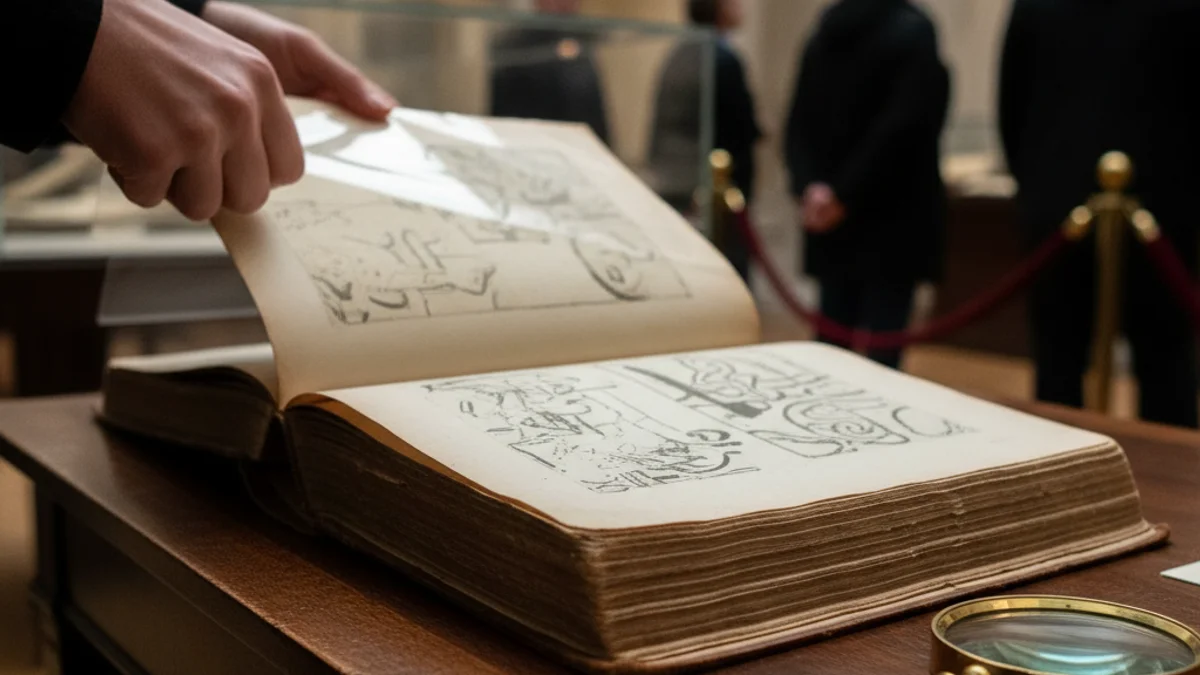 Representació d'un llibre antic o un document històric sobre una taula de fusta en un museu.