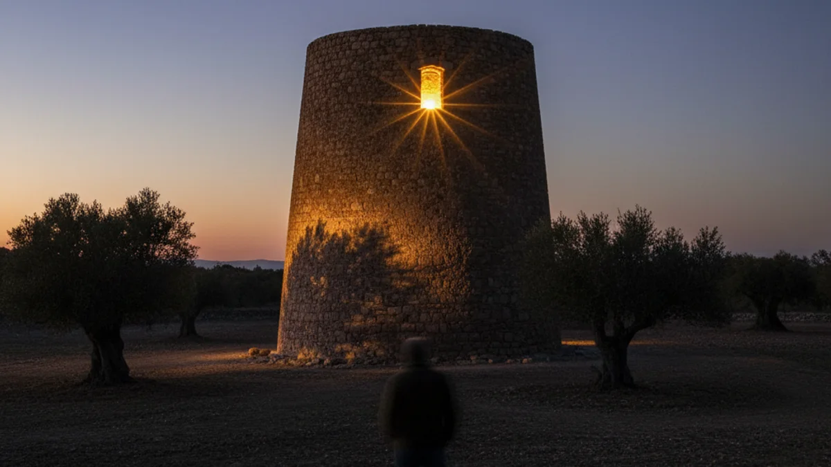 Una torre de vigilància de pedra il·luminada amb una llum càlida al capvespre, simbolitzant l'esperança.
