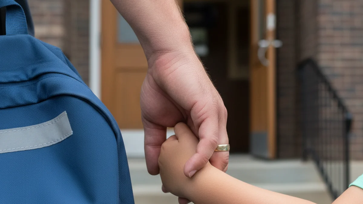 Imatge genèrica que representa la conciliació familiar, potser unes mans d'adult i infant agafades prop d'una escola.