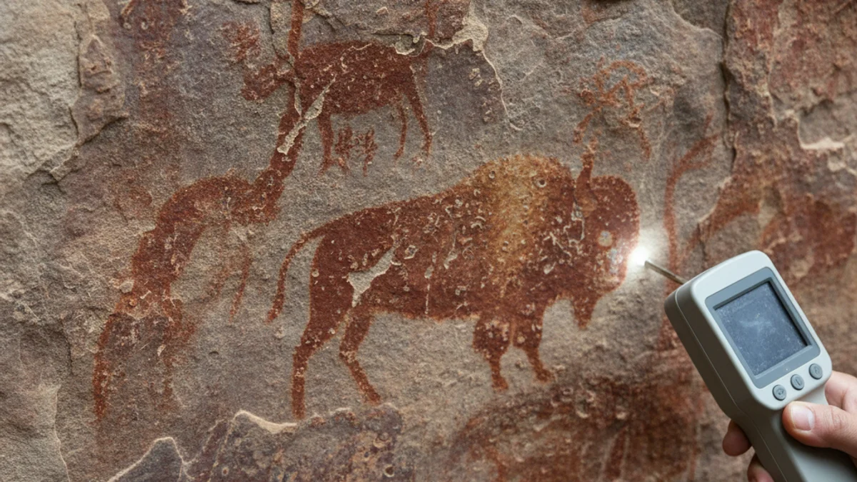 Imatge genèrica d'un jaciment arqueològic amb pintures rupestres, amb un dispositiu d'anàlisi no invasiu a prop.