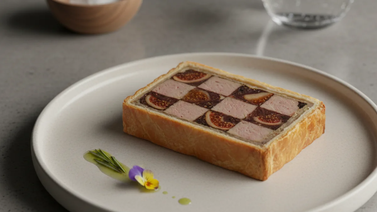 Imatge d'un plat de nova cuina catalana, com un paté amb costra o una reinterpretació de l'escudella, en un ambient de restaurant modern.