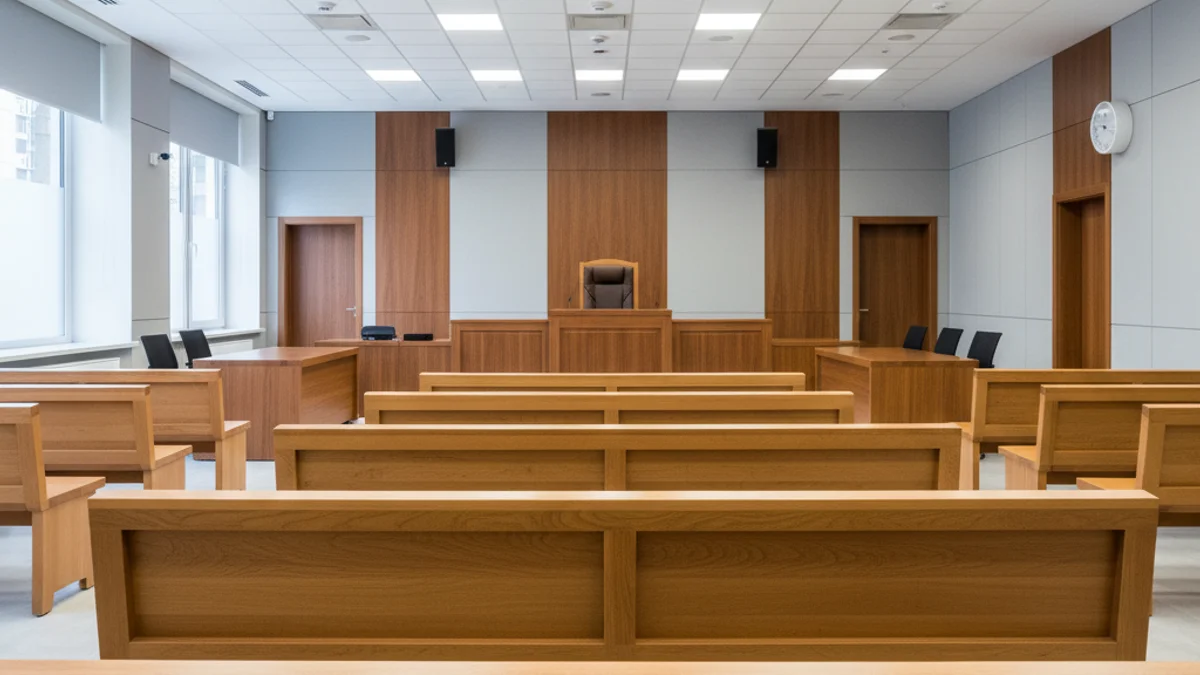 Il·lustració genèrica d'una sala de judicis buida amb la taula de la defensa i l'acusació.