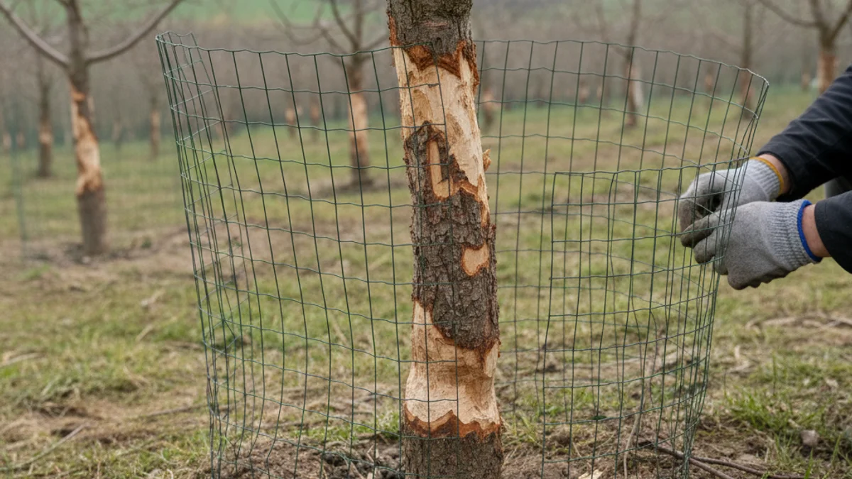 Imatge d'una tanca de protecció al voltant d'un camp de fruiters al Segrià per prevenir danys causats per la fauna.