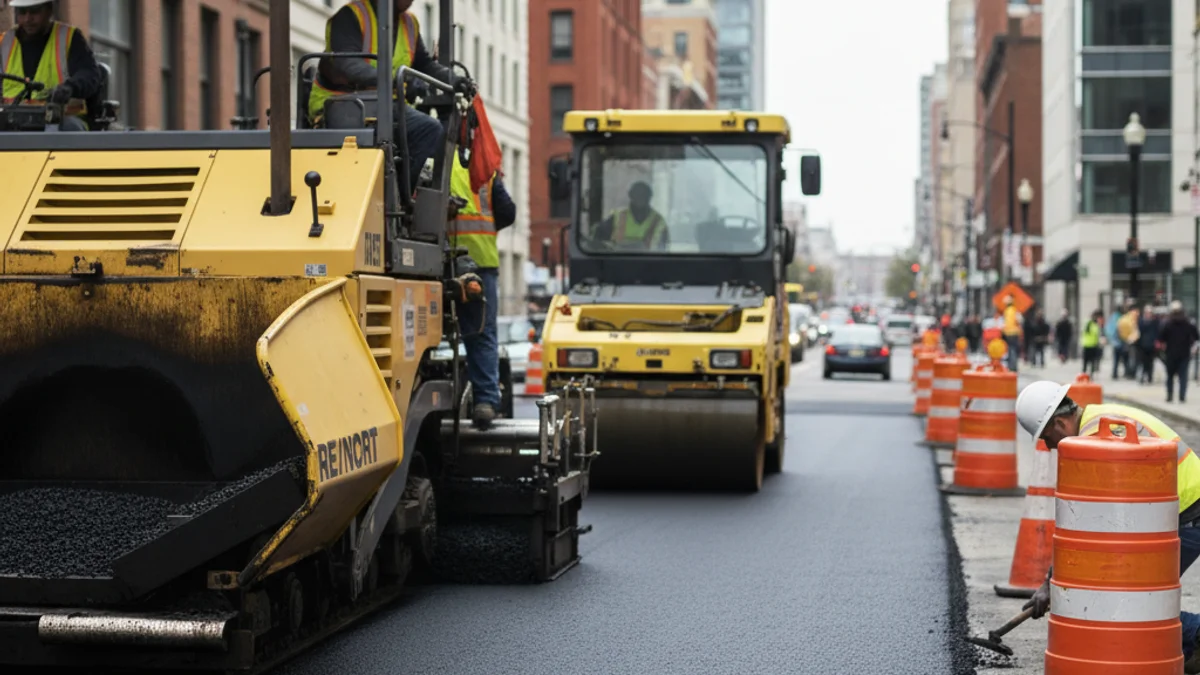 Imatge genèrica de treballs d'asfaltat o maquinària de construcció en un carrer urbà.