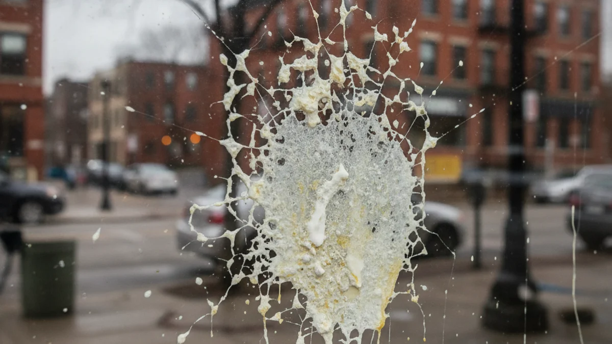 Vidriera d'un centre cultural amb restes de vandalisme, com ara taques d'ous, en un entorn urbà.