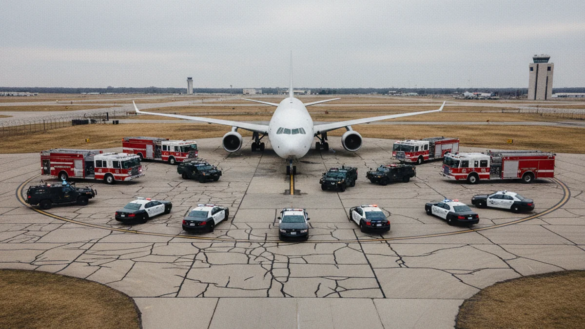 Imatge genèrica d'un avió comercial estacionat en una zona aïllada de l'aeroport envoltat de vehicles d'emergència.