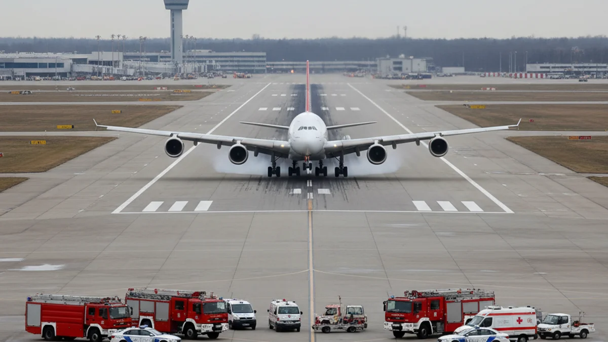 Imatge genèrica d'un avió de passatgers aterrant en una pista d'aeroport amb vehicles d'emergència a la distància.