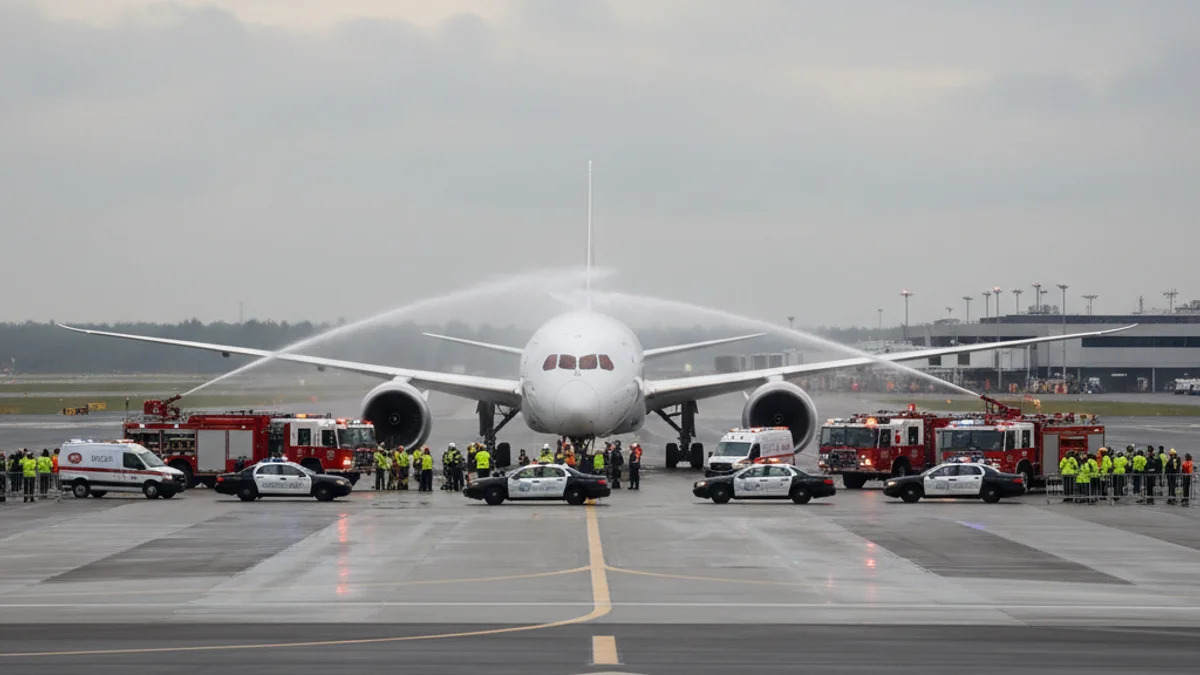 Imatge d'un avió comercial aturat en una pista d'aterratge d'un gran aeroport, envoltat de vehicles d'emergència.