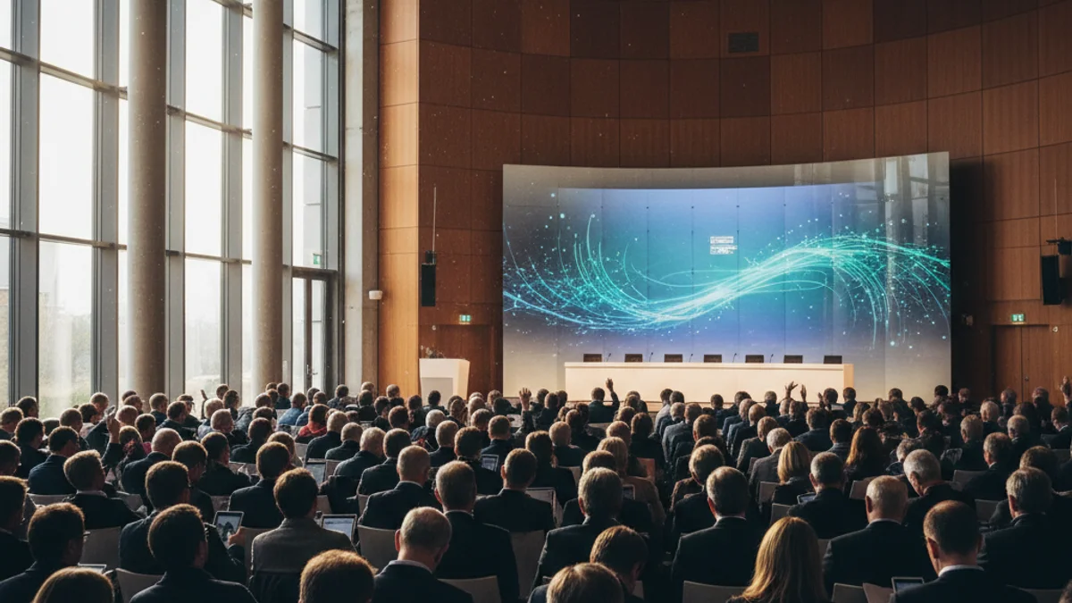 Descripción genérica de una asamblea de socios en un centro de innovación, con figuras borrosas en una sala de conferencias.
