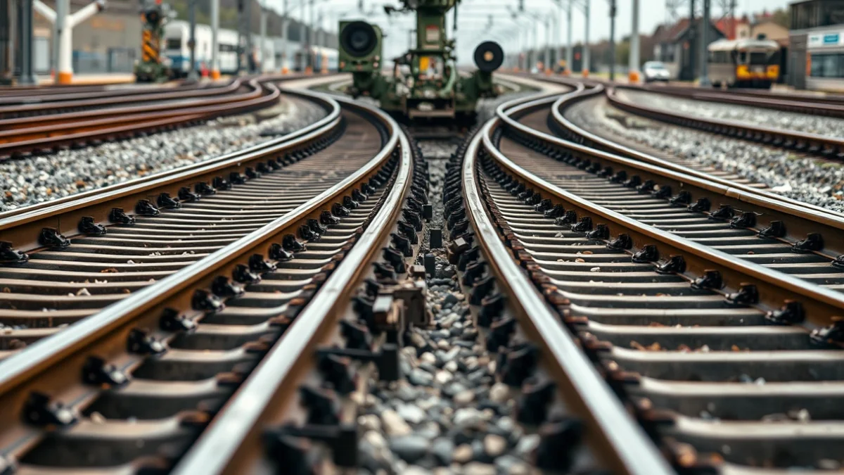 Vies de tren amb diferents amples de via o la instal·lació d'un tercer carril en una zona de bifurcació ferroviària.