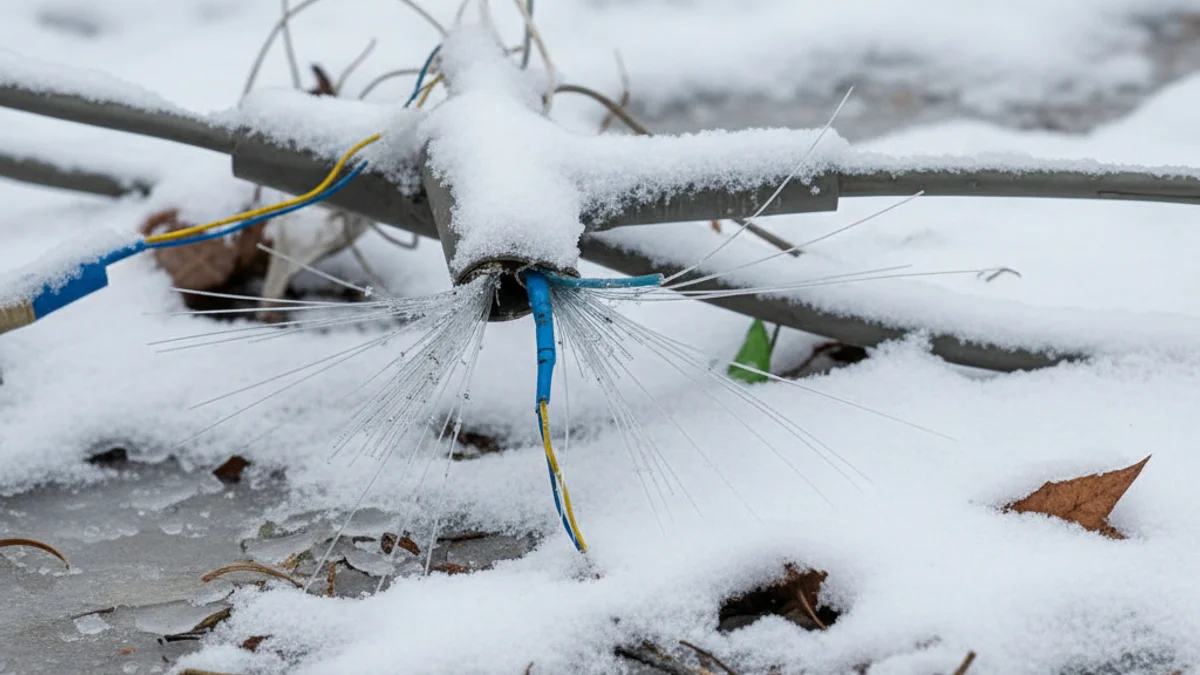 Cable de fibra òptica tallat o danyat en un entorn nevat, simbolitzant la manca de servei.