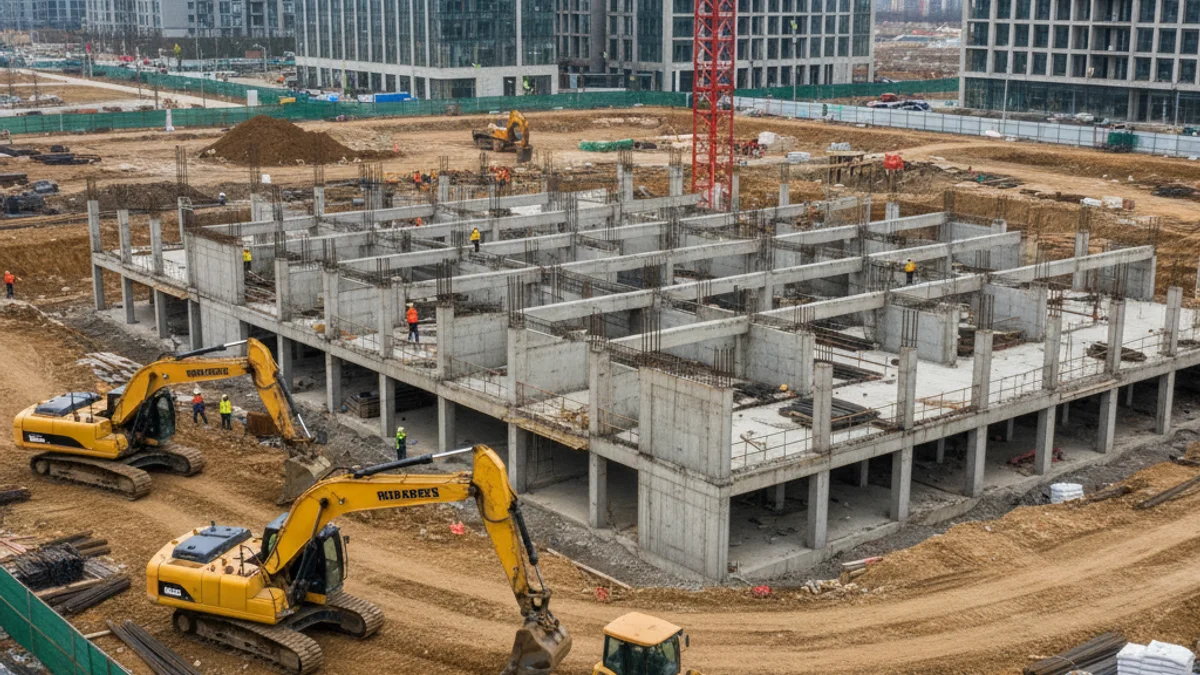 Vista d'una obra de construcció moderna amb grues i fonaments en una zona d'expansió urbana.