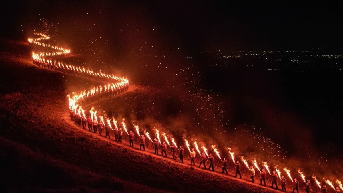 Imatge nocturna de la baixada de torxes de la Fia-faia, amb una línia de foc serpentejant per la muntanya.