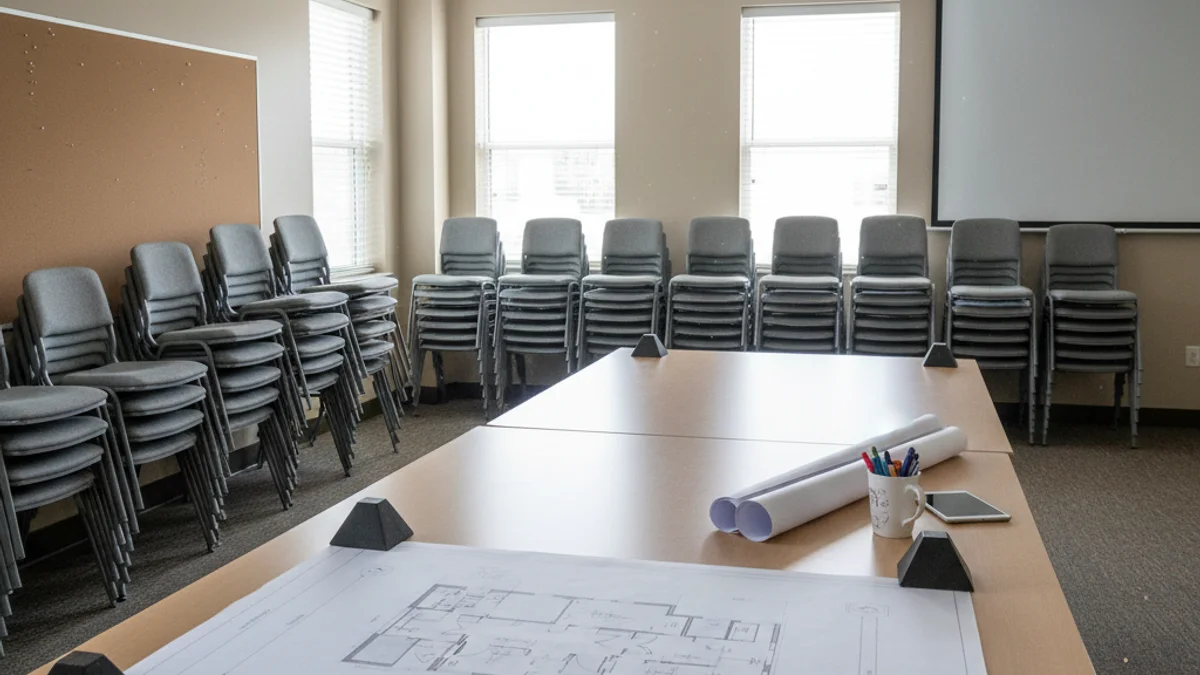 Imatge genèrica d'un centre cívic o d'una sala de reunions buida que representa la planificació comunitària.