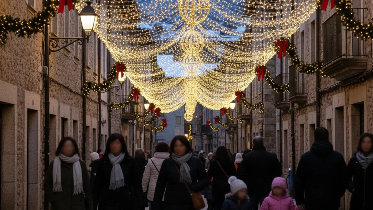 Imatge genèrica d'una plaça decorada amb llums de Nadal i figures borroses de persones assistint a un esdeveniment festiu.