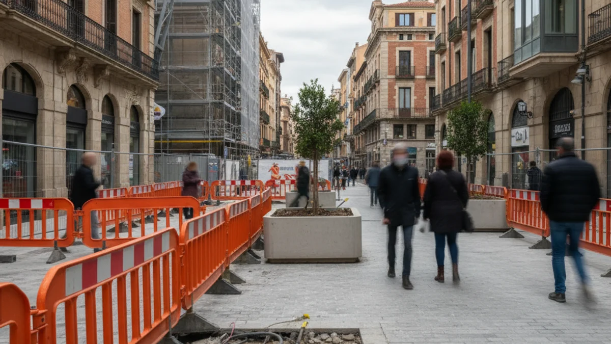 Generic view of an urban commercial artery with preparations for construction or redevelopment.