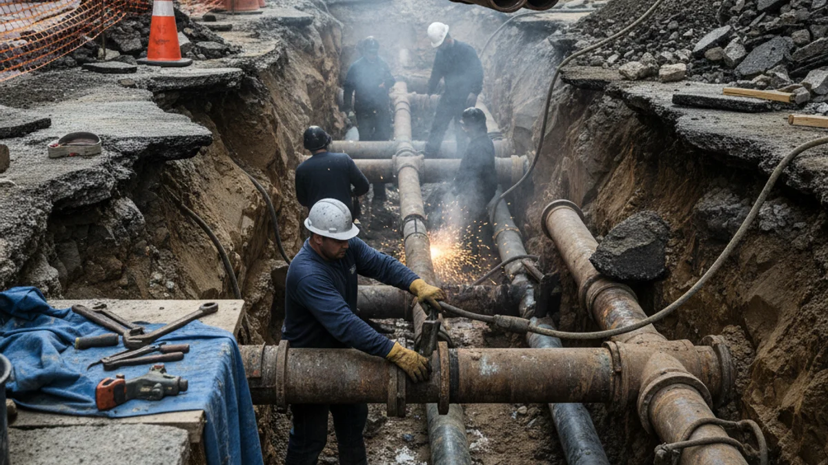 Treballs de reparació i substitució de la xarxa de clavegueram en una via urbana, amb canonades a la vista.