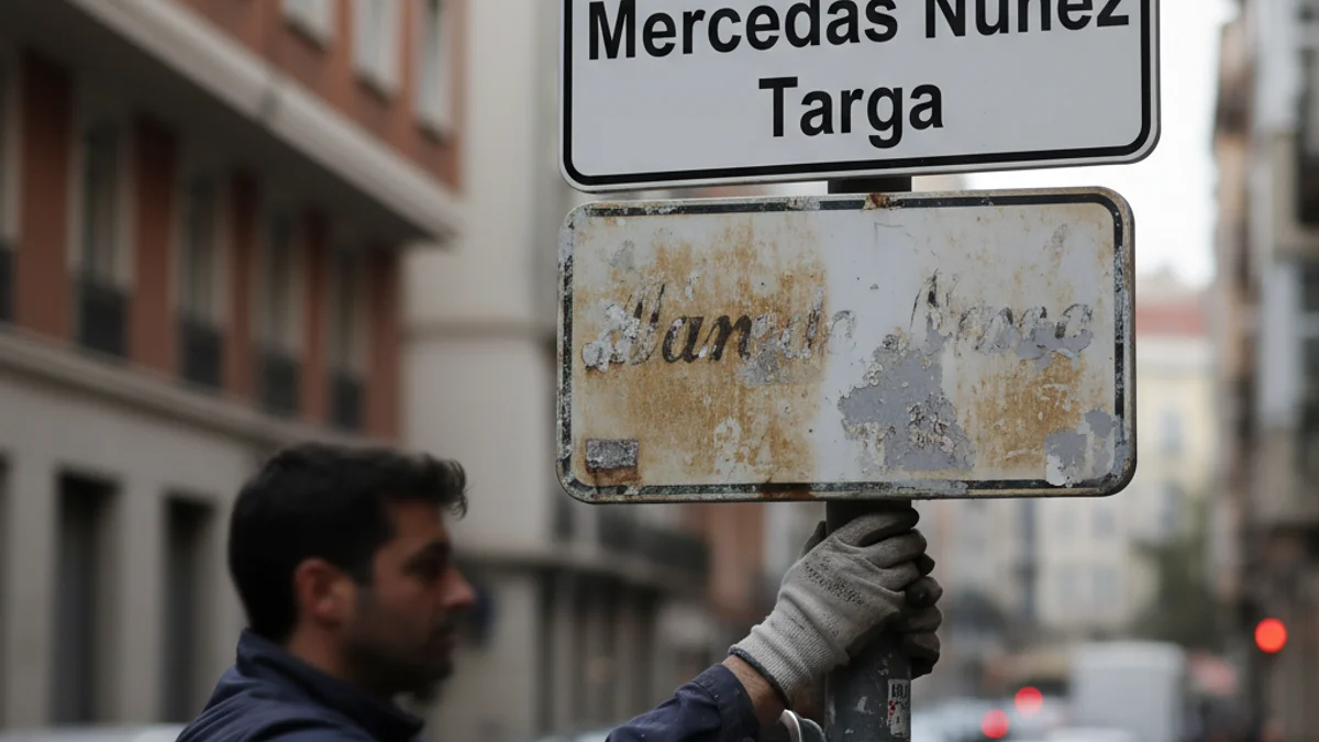 Imatge genèrica d'un carrer de Barcelona amb un nou rètol de nomenclatura instal·lant-se.