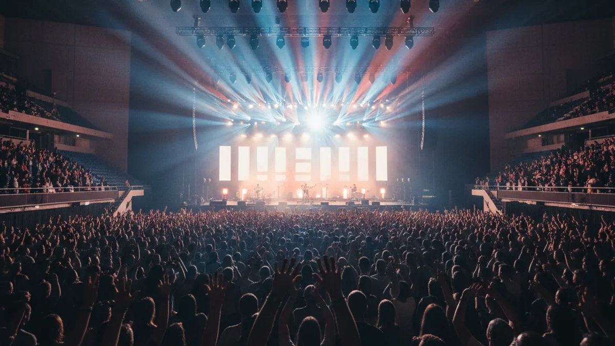 Vista de les llums de l'escenari i les siluetes del públic en un gran concert a Barcelona.