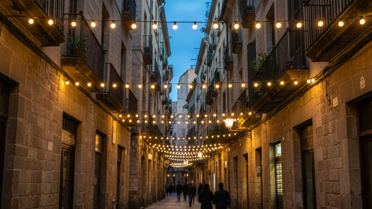 Guirnaldes lluminoses instal·lades de façana a façana en un carrer estret i antic de Ciutat Vella, Barcelona.