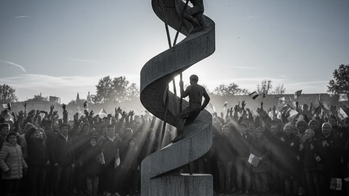 Imatge d'una multitud reunida al voltant d'un monument abstracte que simbolitza l'esforç i la superació.