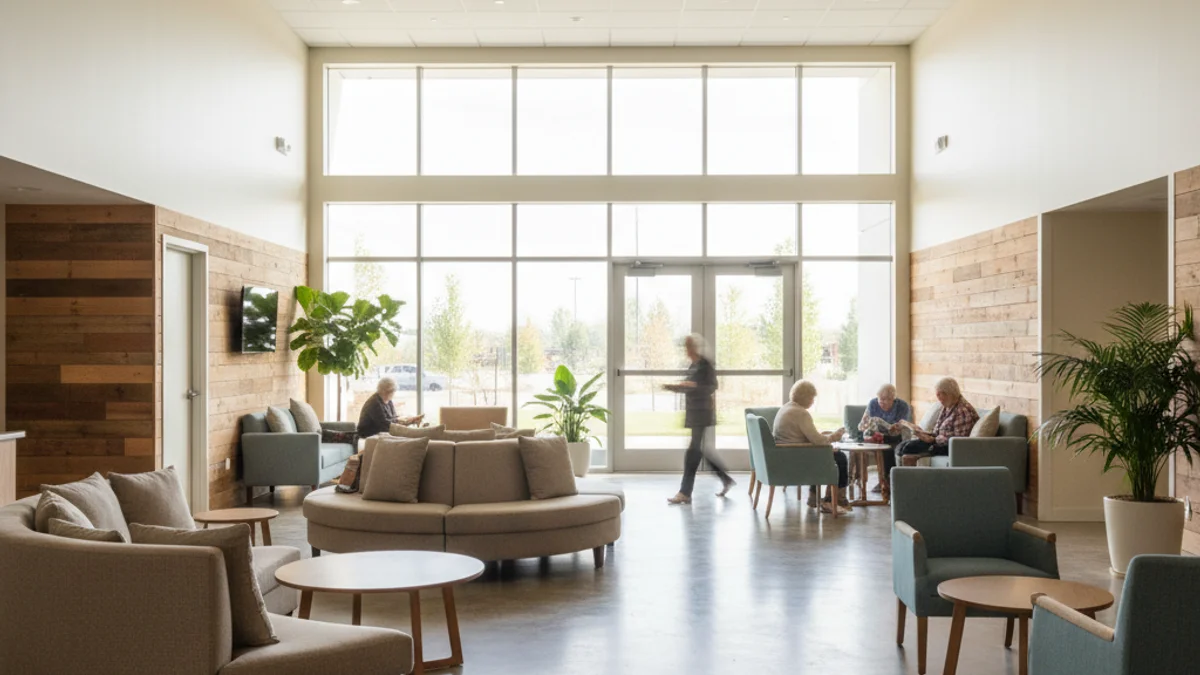 Imatge genèrica d'un centre de dia modern i lluminós per a la gent gran, amb sales diàfanes i llum natural.