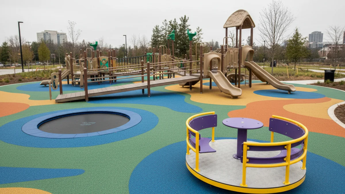 Imatge d'un parc infantil amb paviment tou de colors i elements de joc accessibles, sense nens.